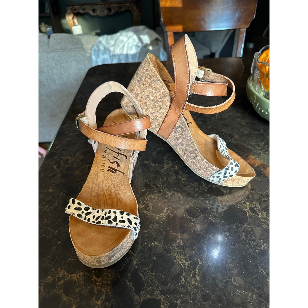 Blowfish Malibu Womens SZ 10 Cork Wedge Sandals calf hair strap Strap Shoes